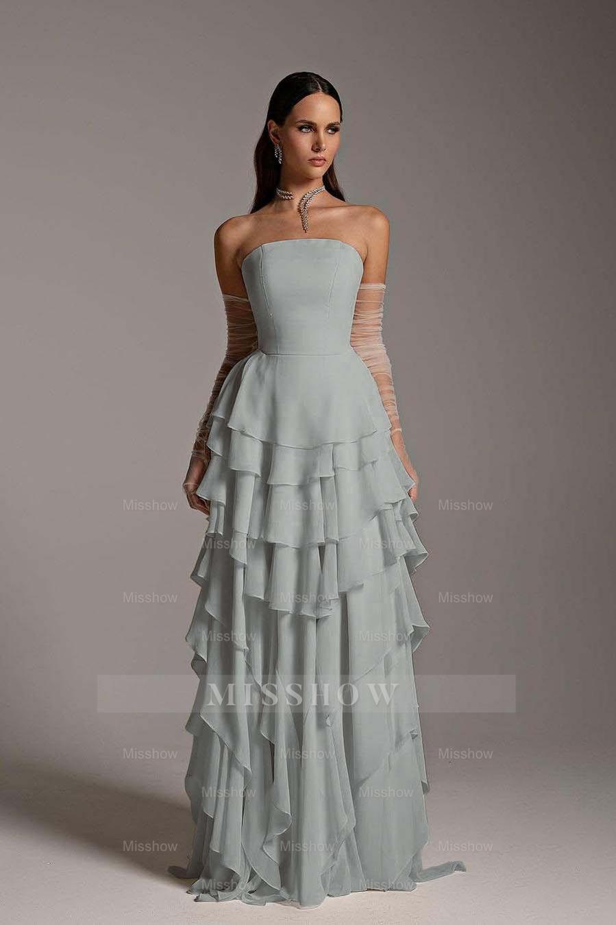 Charming Strapless Sleeveless Ruffles Long Formal Dress With Gloves