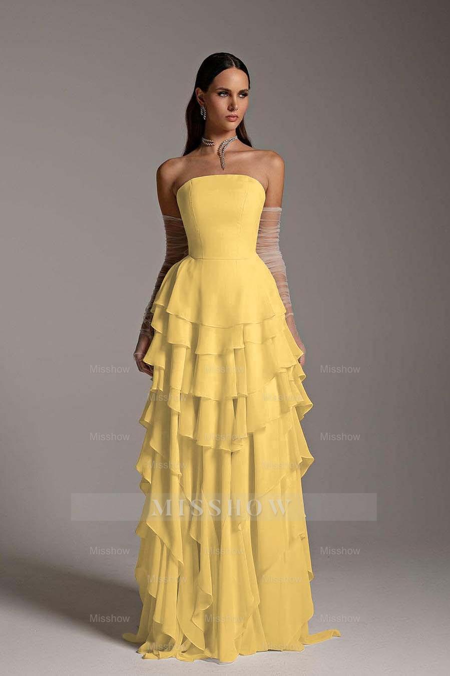 Charming Strapless Sleeveless Ruffles Long Formal Dress With Gloves