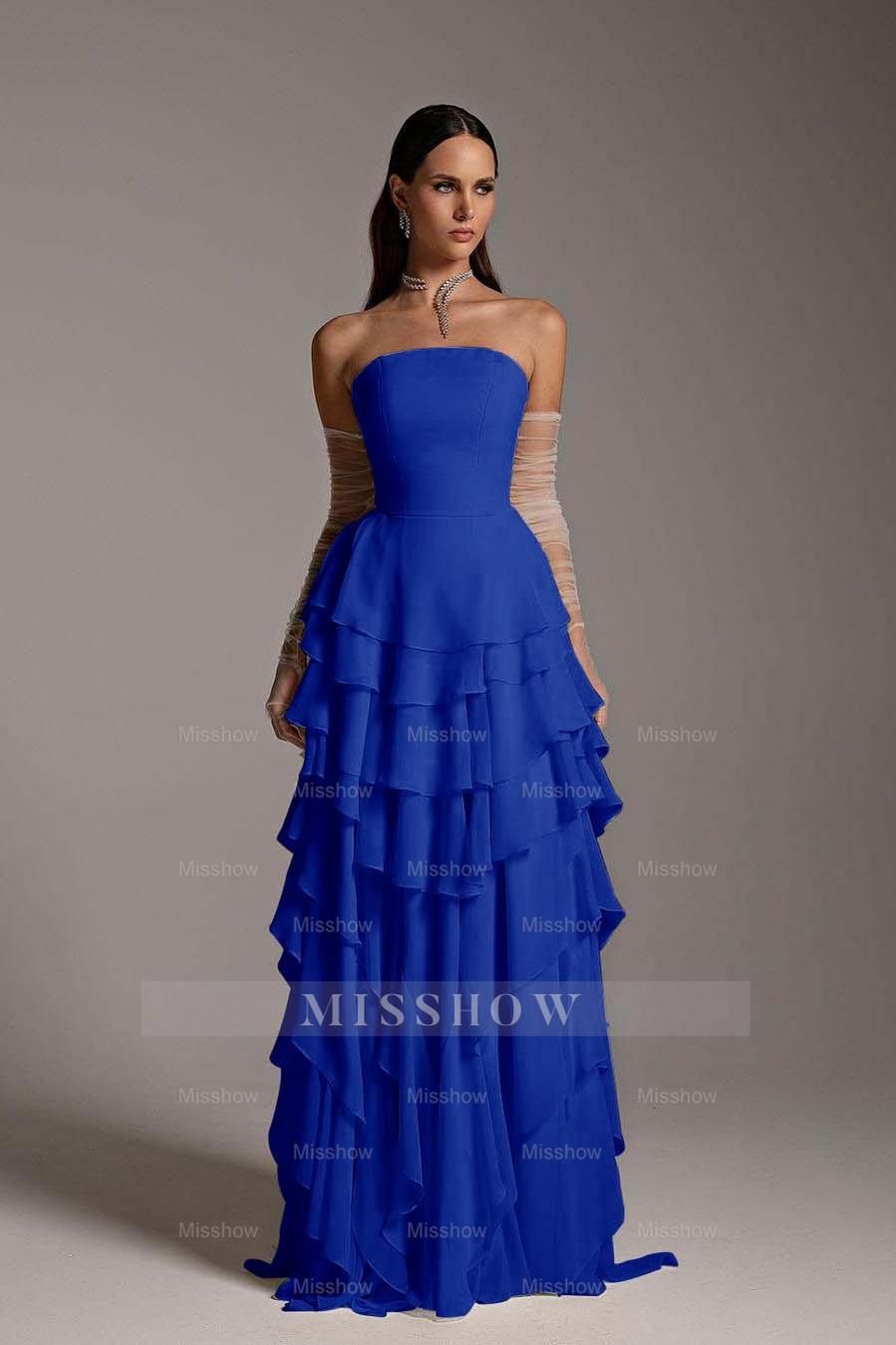 Charming Strapless Sleeveless Ruffles Long Formal Dress With Gloves