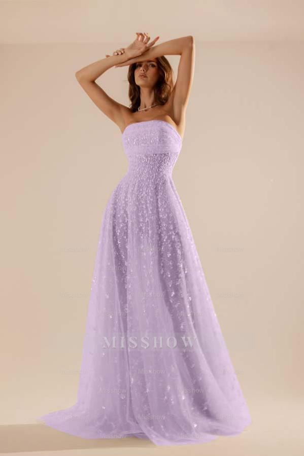 Charming Tulle Strapless Sleeveless Long Formal Dress With Beading