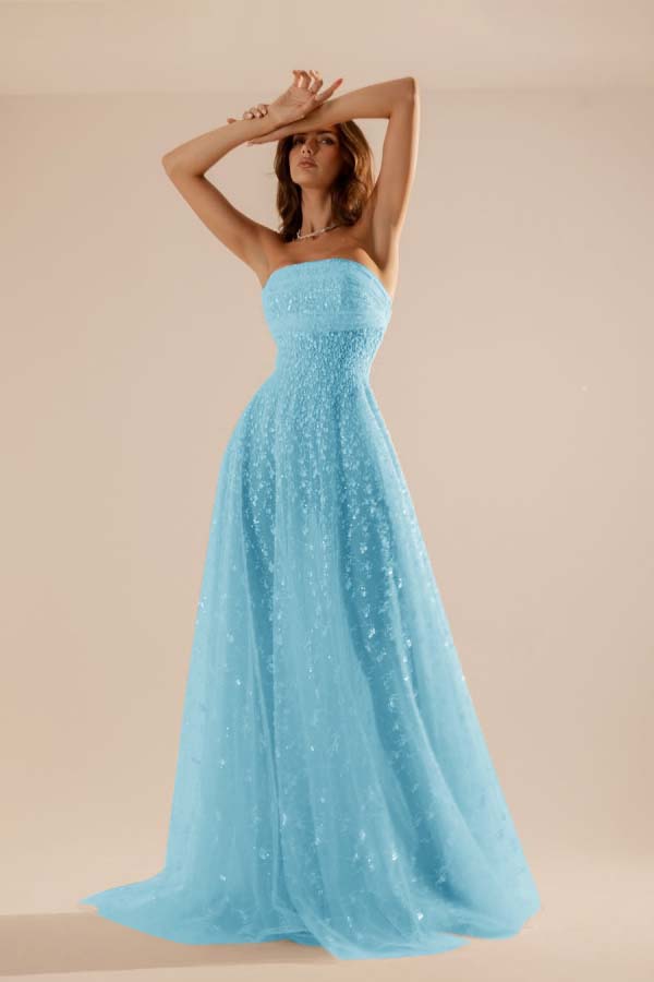 Charming Tulle Strapless Sleeveless Long Formal Dress With Beading