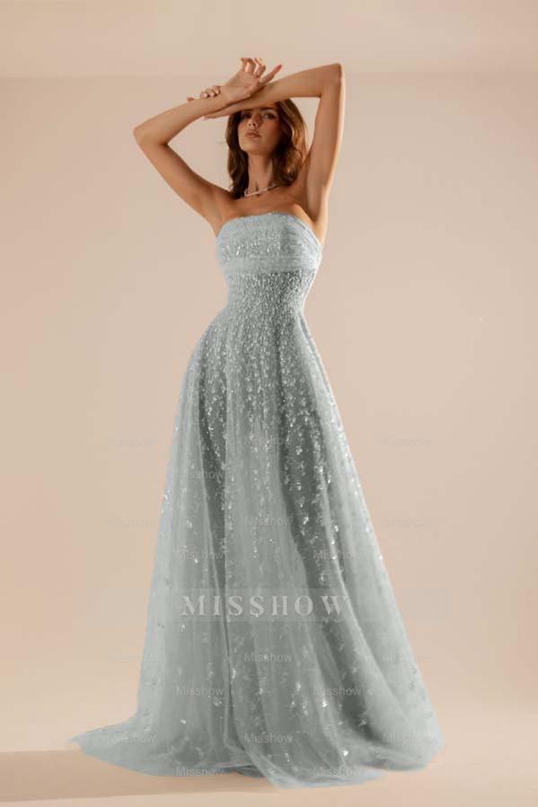Charming Tulle Strapless Sleeveless Long Formal Dress With Beading
