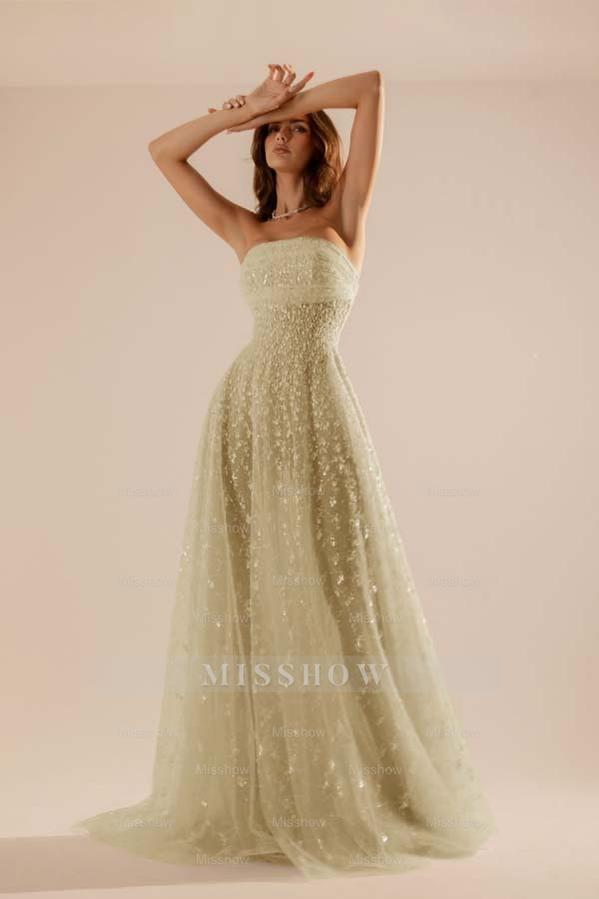Charming Tulle Strapless Sleeveless Long Formal Dress With Beading
