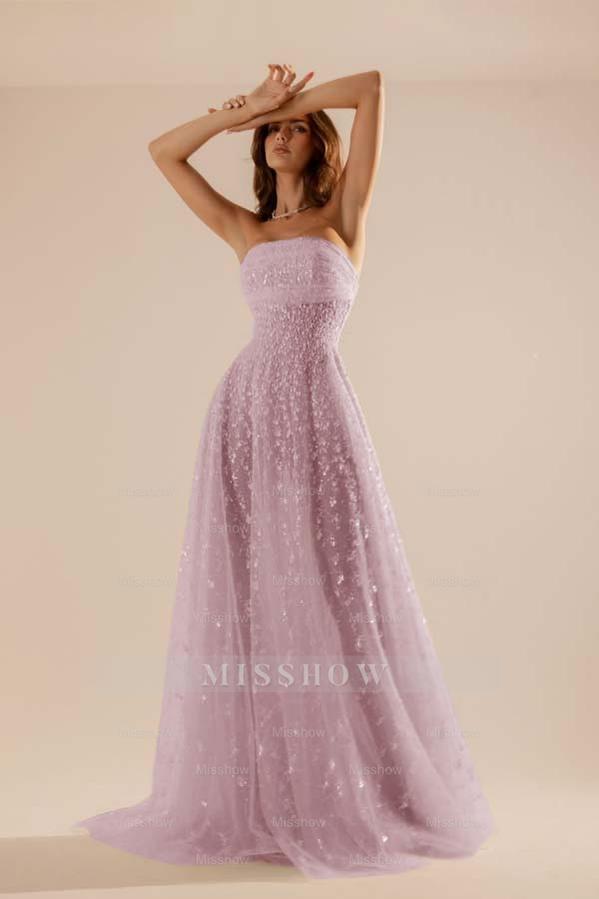 Charming Tulle Strapless Sleeveless Long Formal Dress With Beading