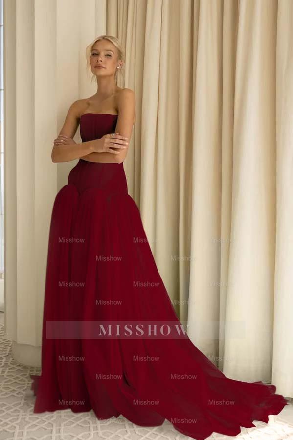 Charming Tulle Strapless Sleeveless Long Formal Dress With Pleated