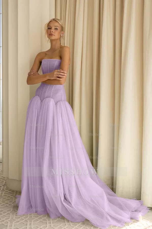 Charming Tulle Strapless Sleeveless Long Formal Dress With Pleated