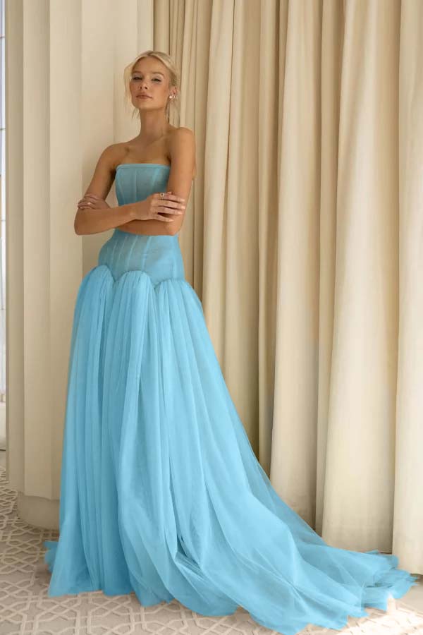 Charming Tulle Strapless Sleeveless Long Formal Dress With Pleated