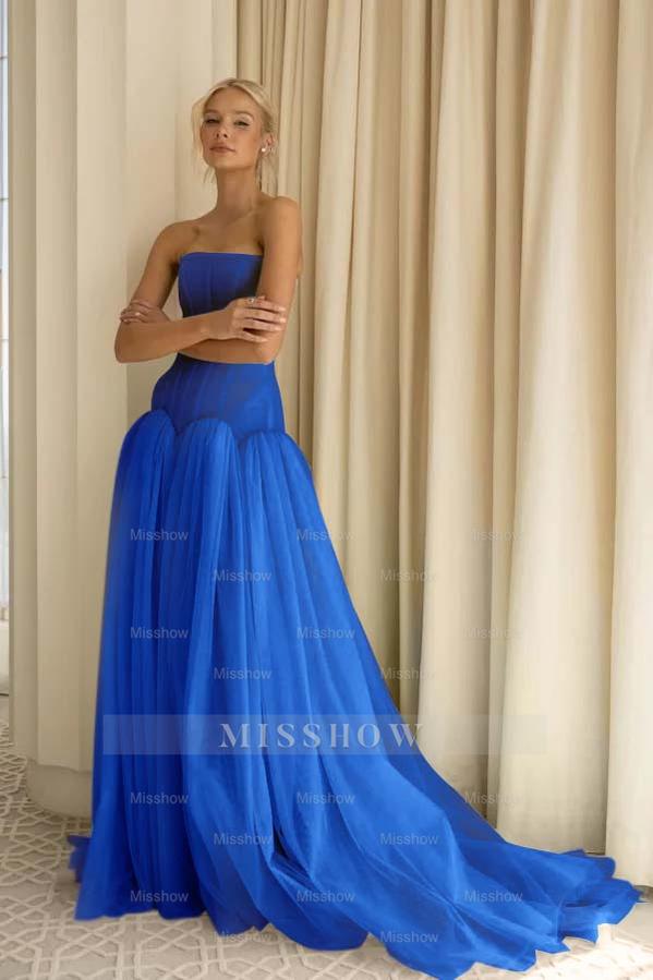 Charming Tulle Strapless Sleeveless Long Formal Dress With Pleated