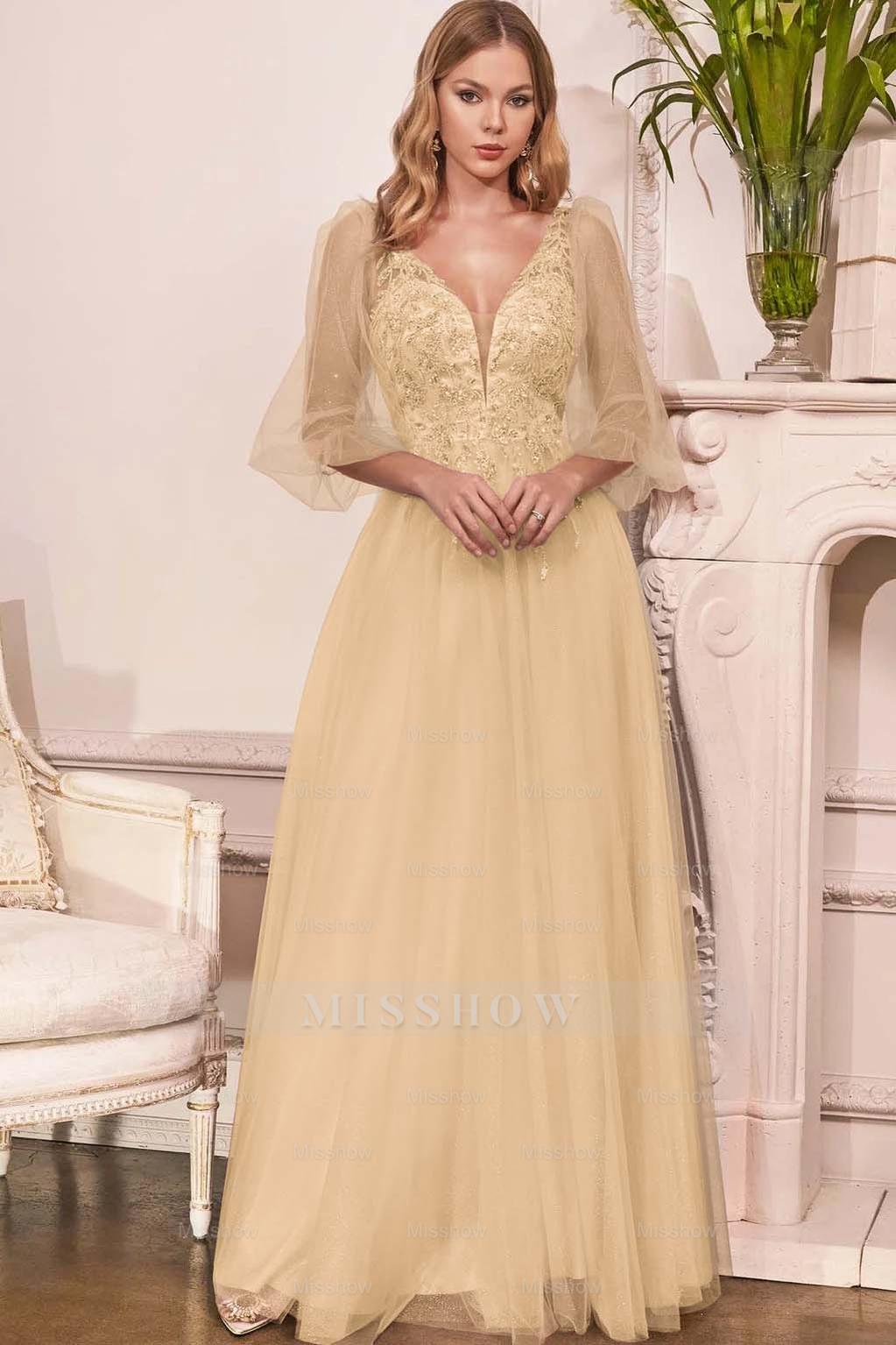 Charming Tulle V Neck Sleeveless Long Formal Dress With Appliques