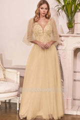 Charming Tulle V Neck Sleeveless Long Formal Dress With Appliques