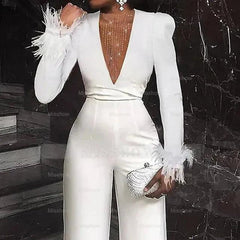 Charming V-Neck Feather White Sequins Long Sleeves Jump Suit