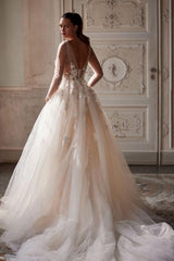 Charming V-Neck Long Sleeve Court Train Beaded Tulle Wedding Dresses With Handmade Flower