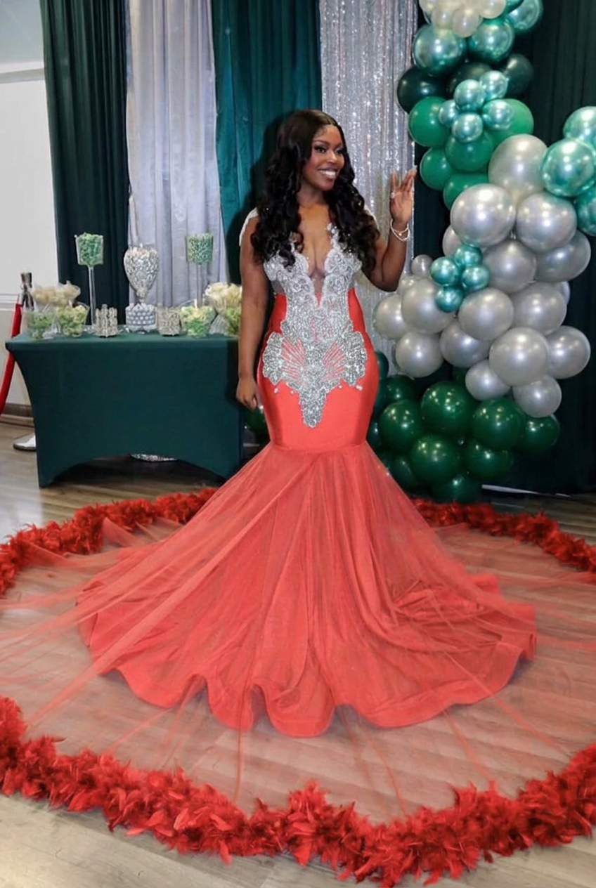 Coral v-neck beaded mermaid prom dress