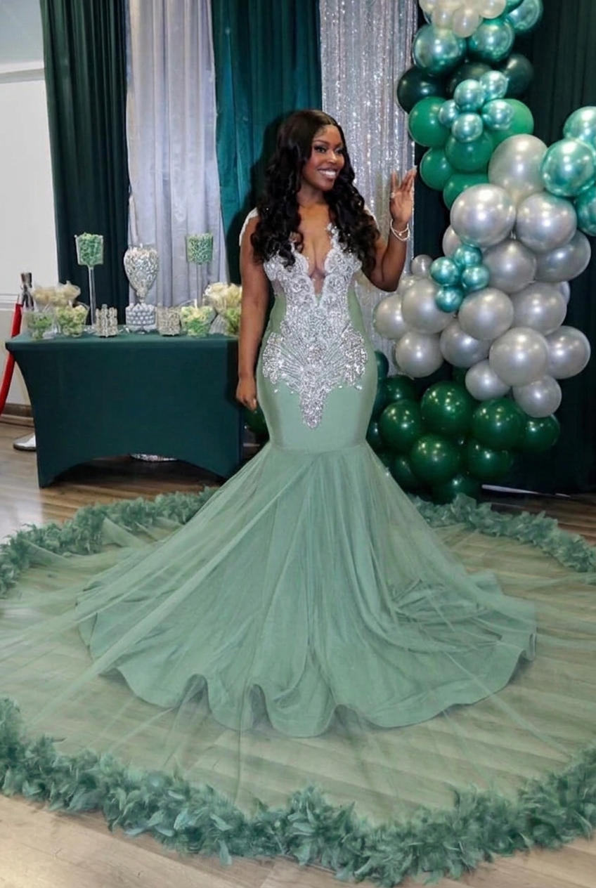 Dusty sage v-neck beaded mermaid prom dress