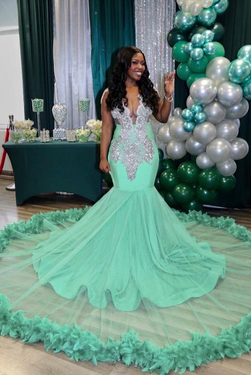 Mint green v-neck beaded mermaid prom dress