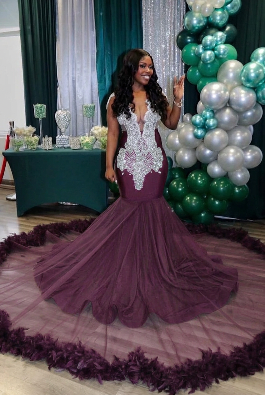 Grape v-neck beaded mermaid prom dress