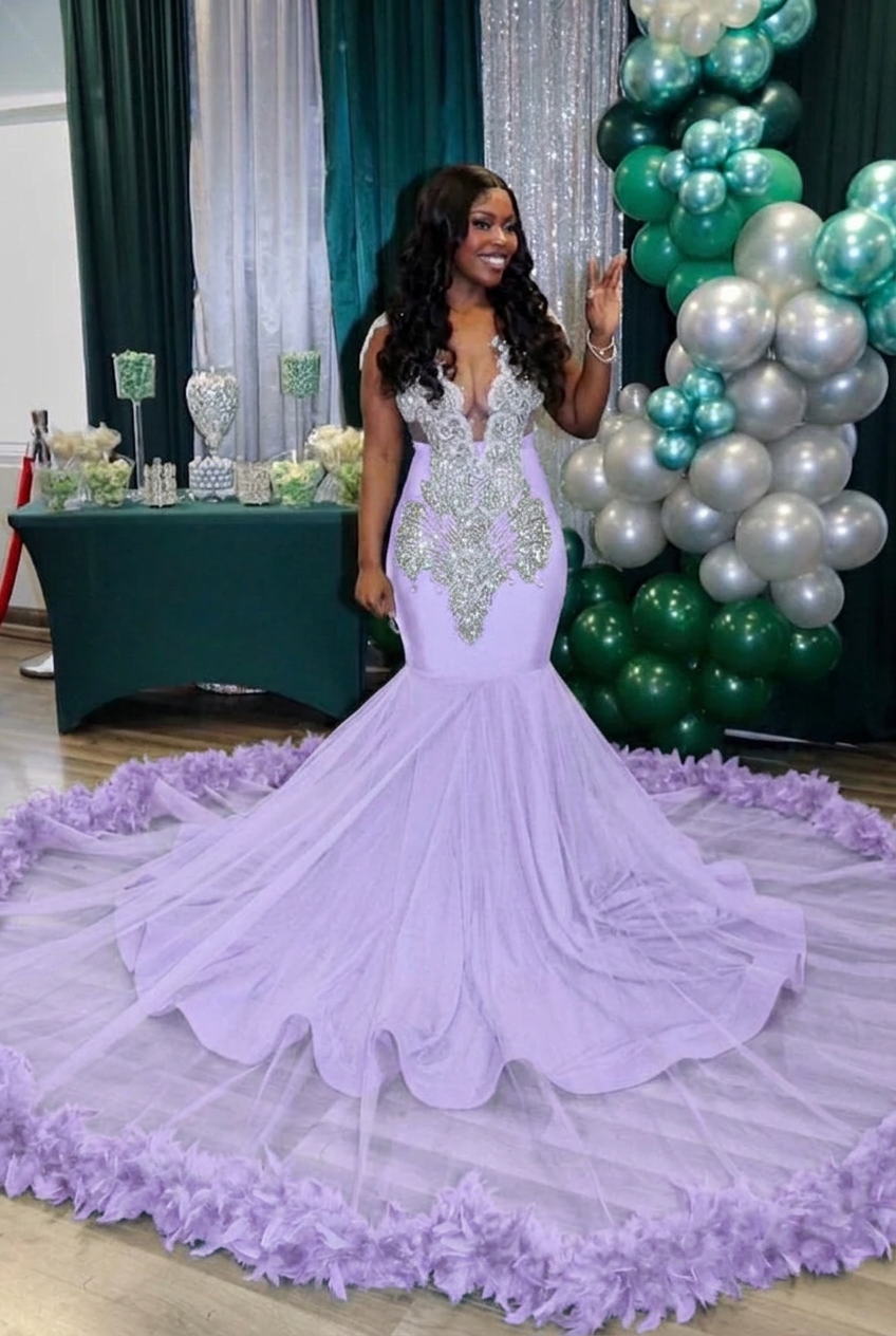 Lavender v-neck beaded mermaid prom dress