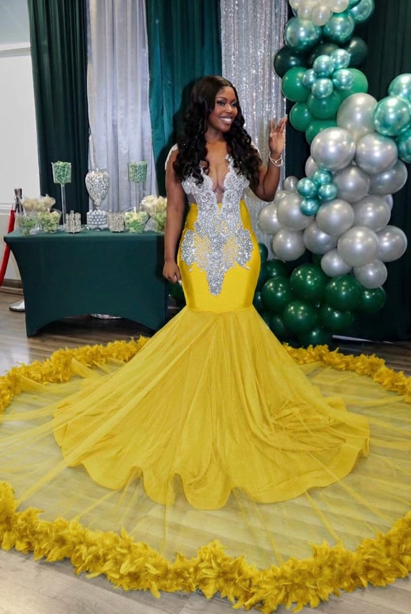 Yellow v-neck beaded mermaid prom dress