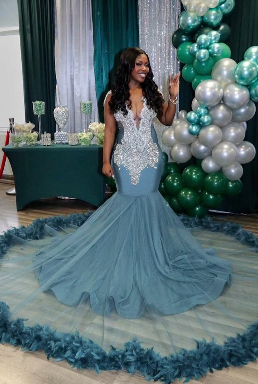 Dusty blue v-neck beaded mermaid prom dress