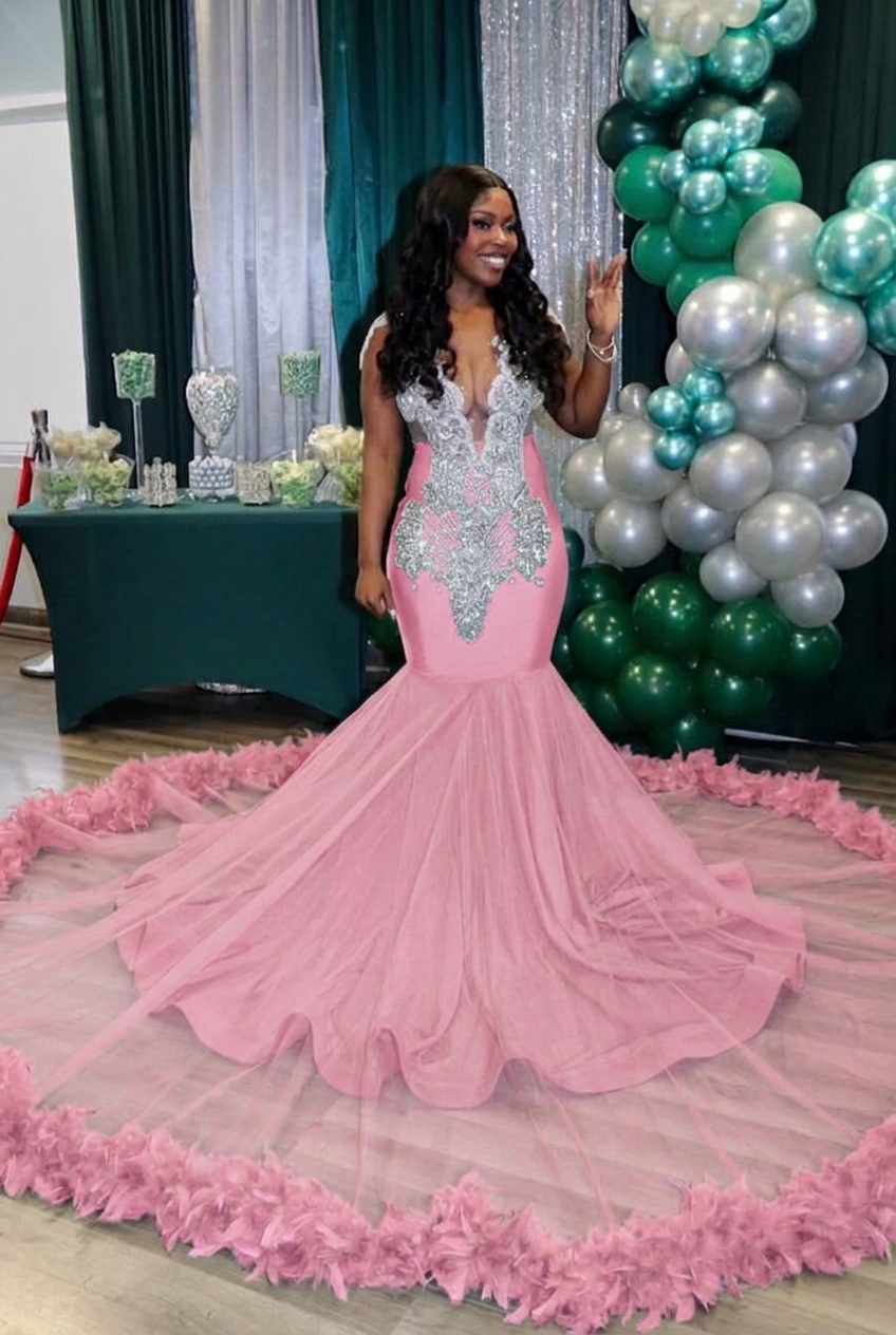 Candy pink v-neck beaded mermaid prom dress