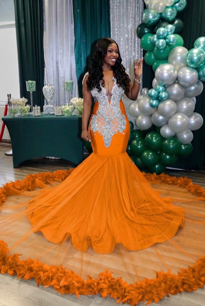 Orange v-neck beaded mermaid prom dress