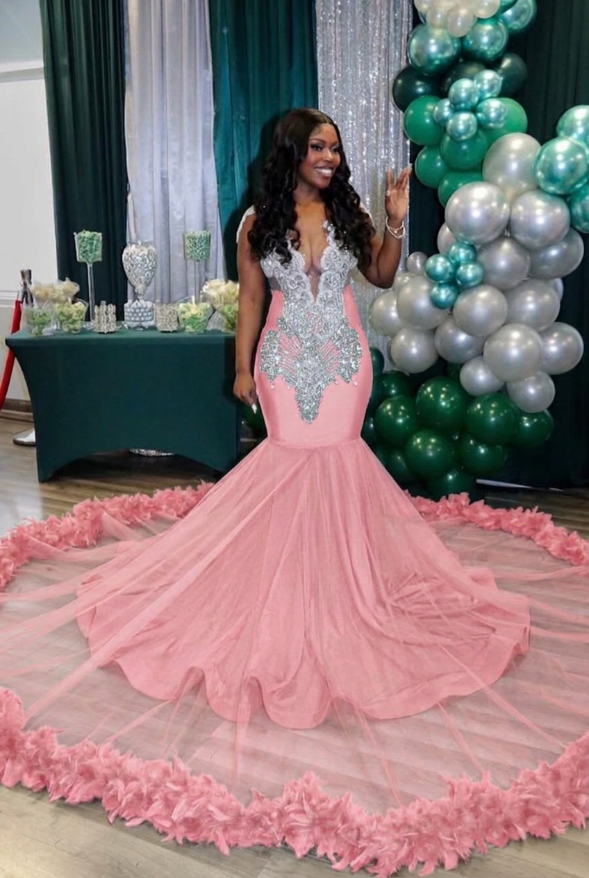 Blushing pink v-neck beaded mermaid prom dress