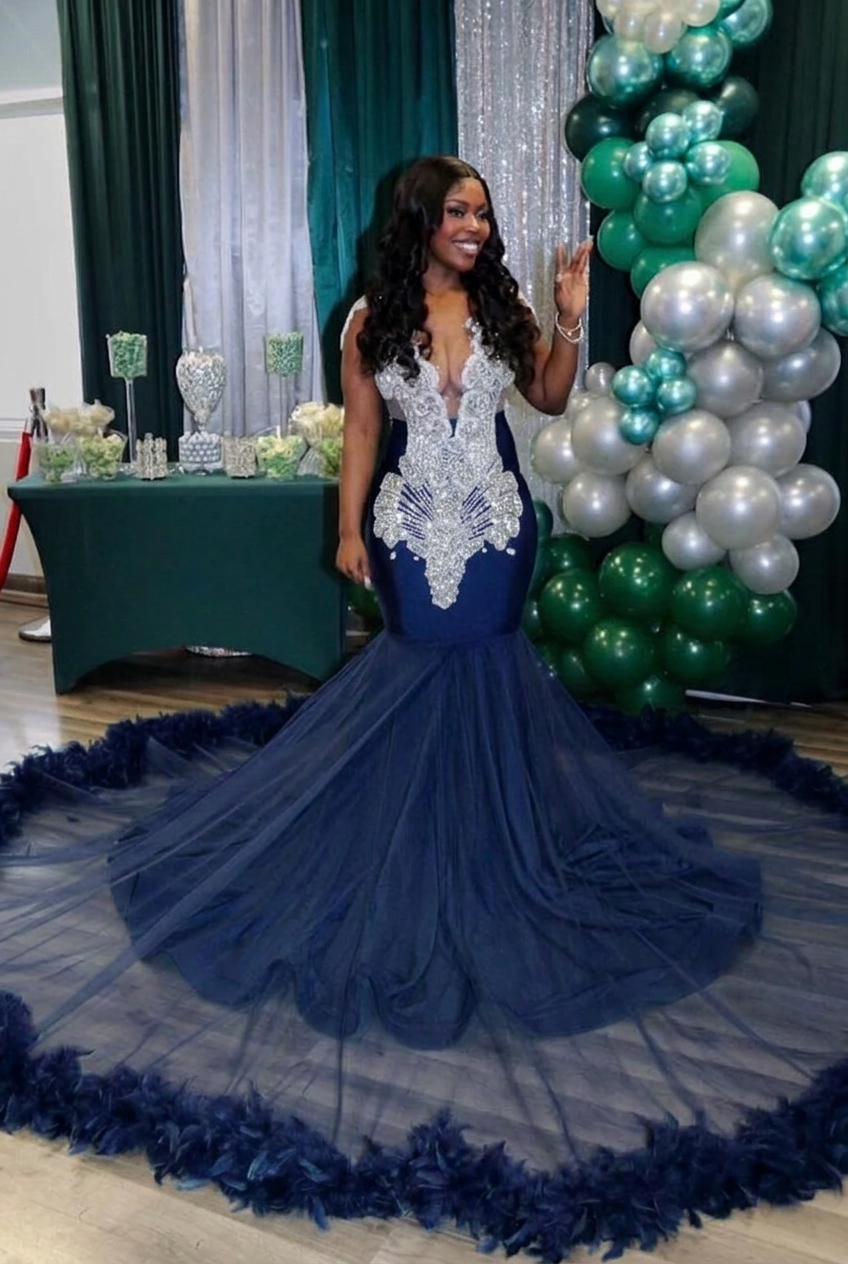 Dark navy v-neck beaded mermaid prom dress