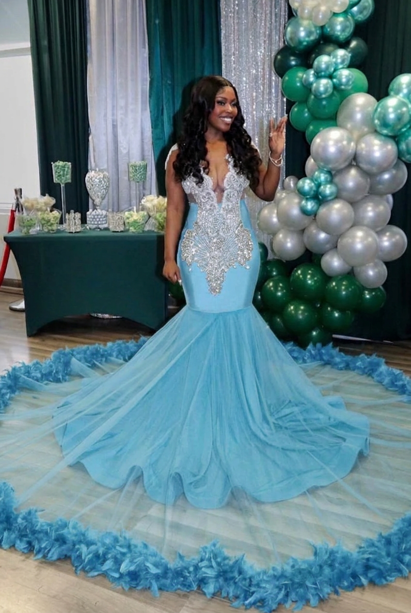 Light blue v-neck beaded mermaid prom dress