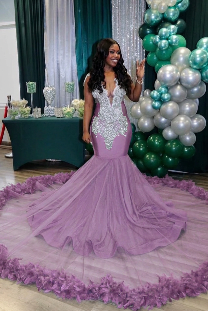 Lilac v-neck beaded mermaid prom dress