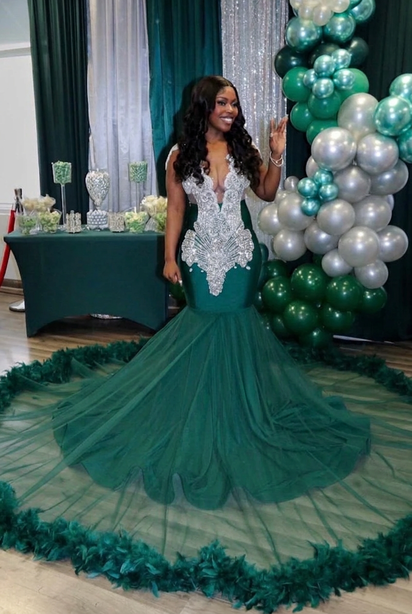 Dark green v-neck beaded mermaid prom dress