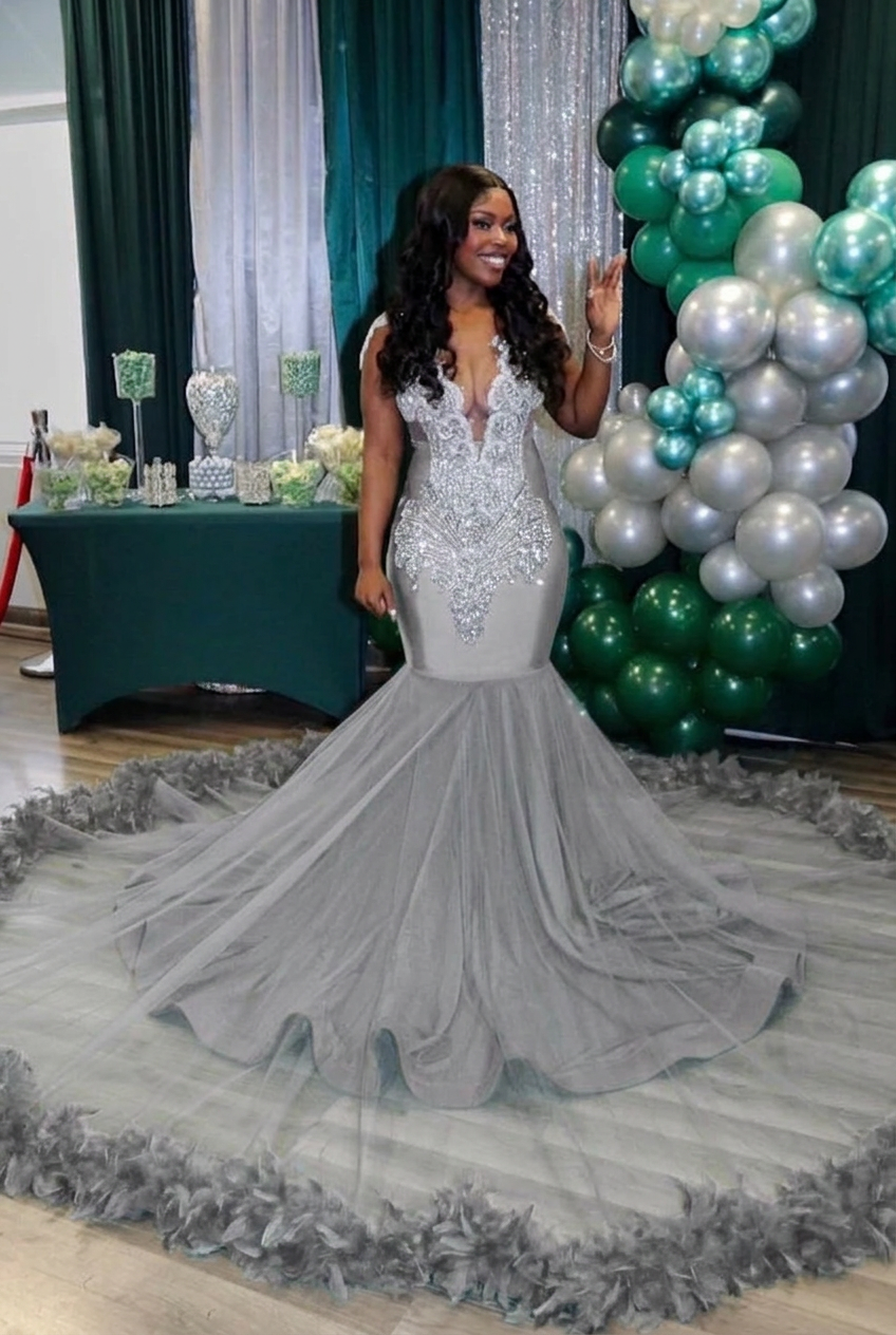 Silver v-neck beaded mermaid prom dress