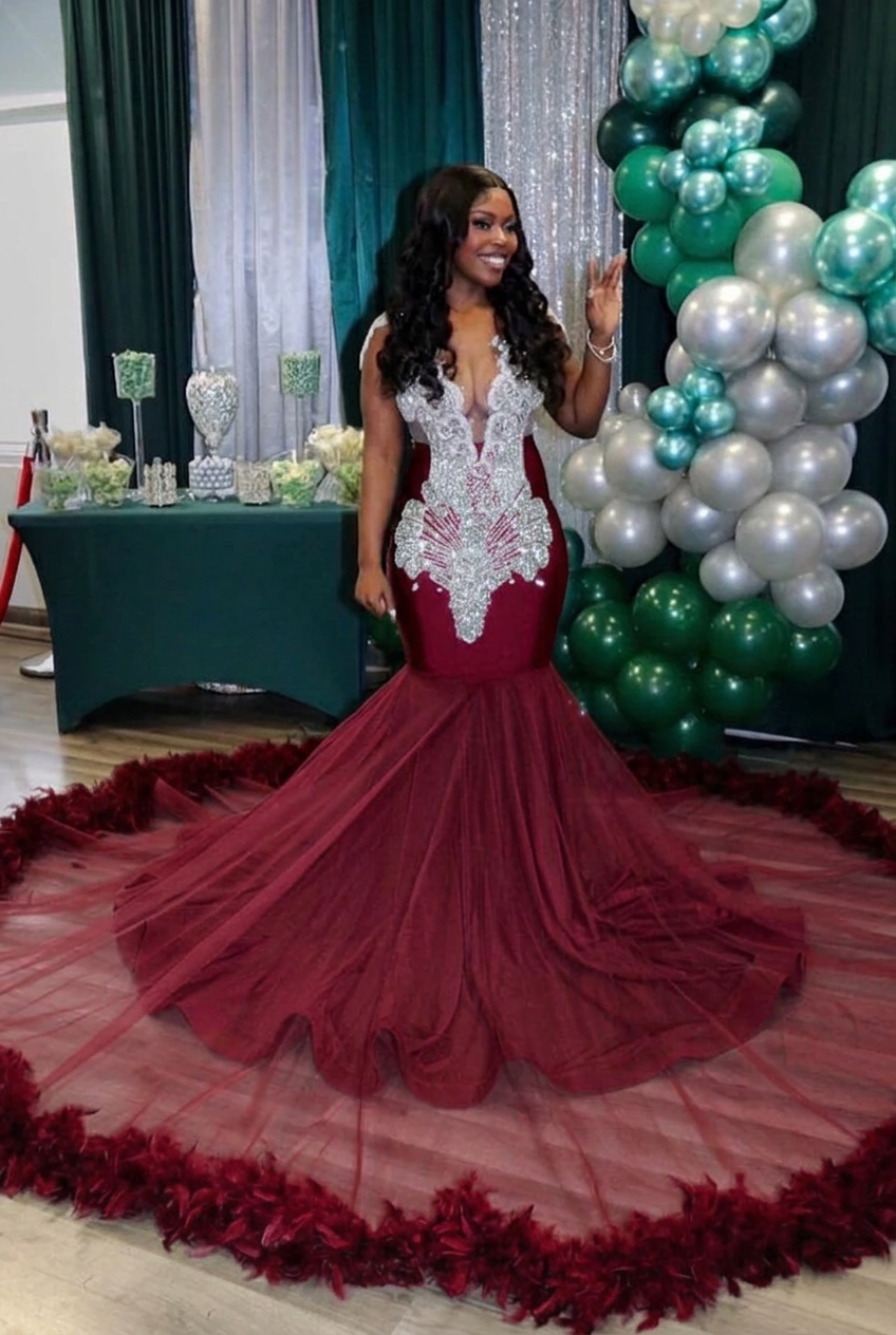Burgundy v-neck beaded mermaid prom dress