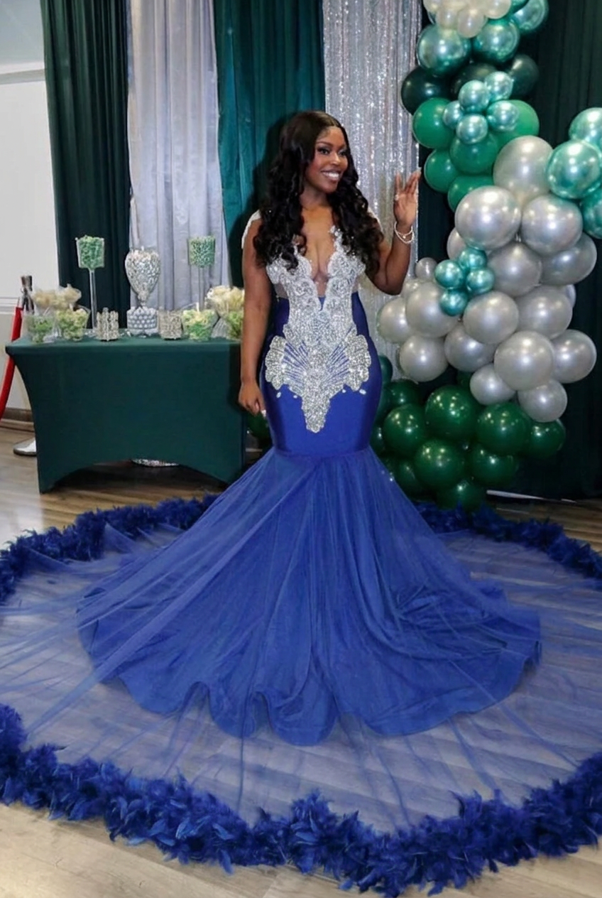 Royal blue v-neck beaded mermaid prom dress