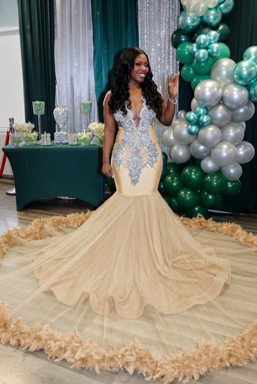 Champagne v-neck beaded mermaid prom dress