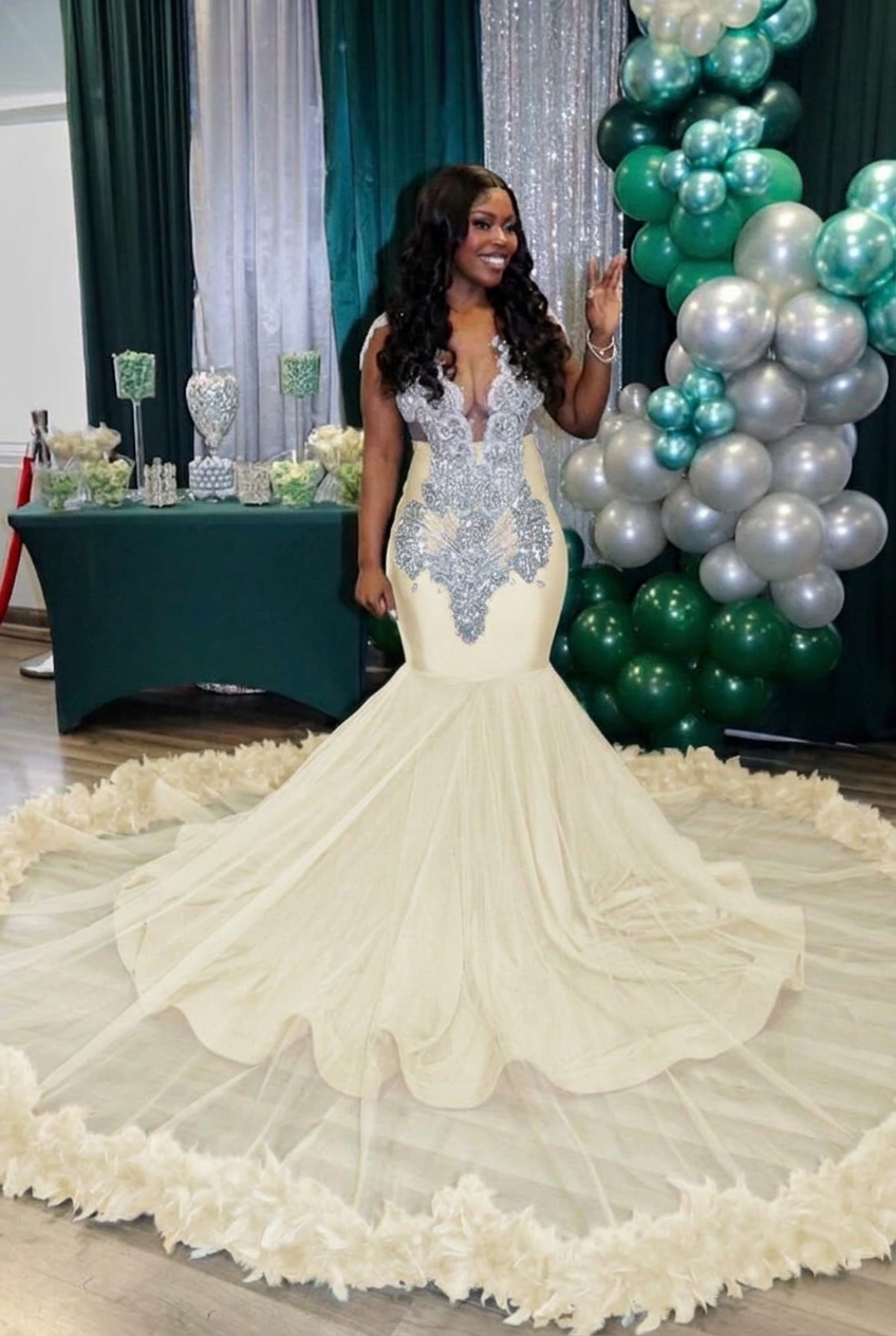 Ivory v-neck beaded mermaid prom dress