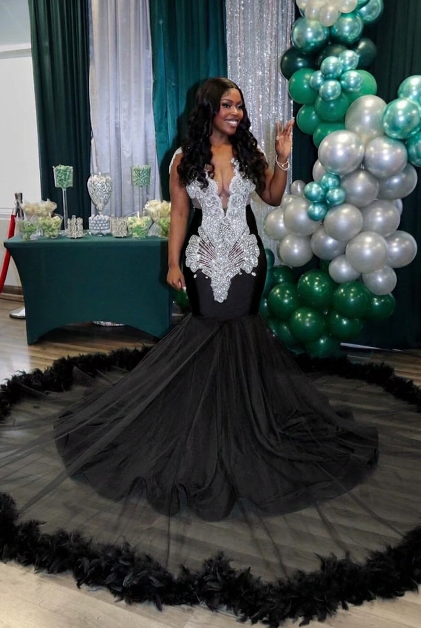 Black v-neck beaded mermaid prom dress
