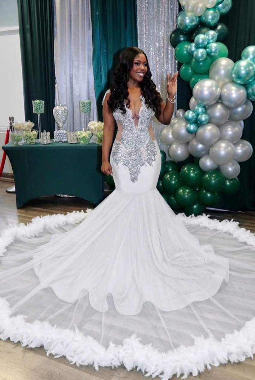 White v-neck beaded mermaid prom dress