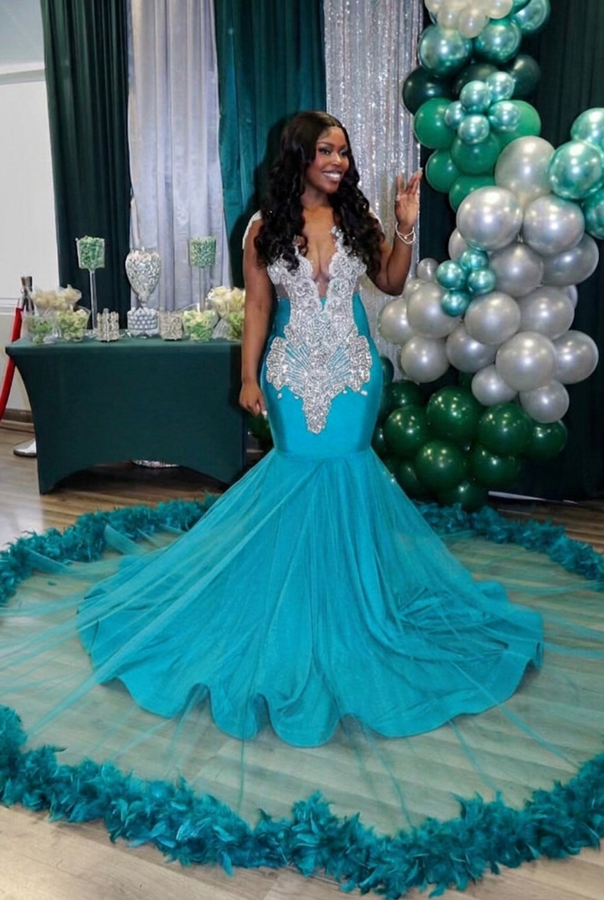 Turquoise v-neck beaded mermaid prom dress