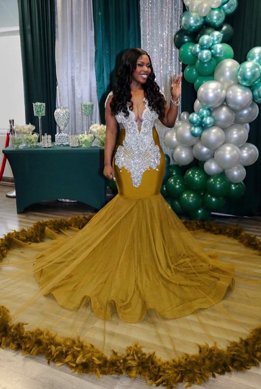 Gold v-neck beaded mermaid prom dress