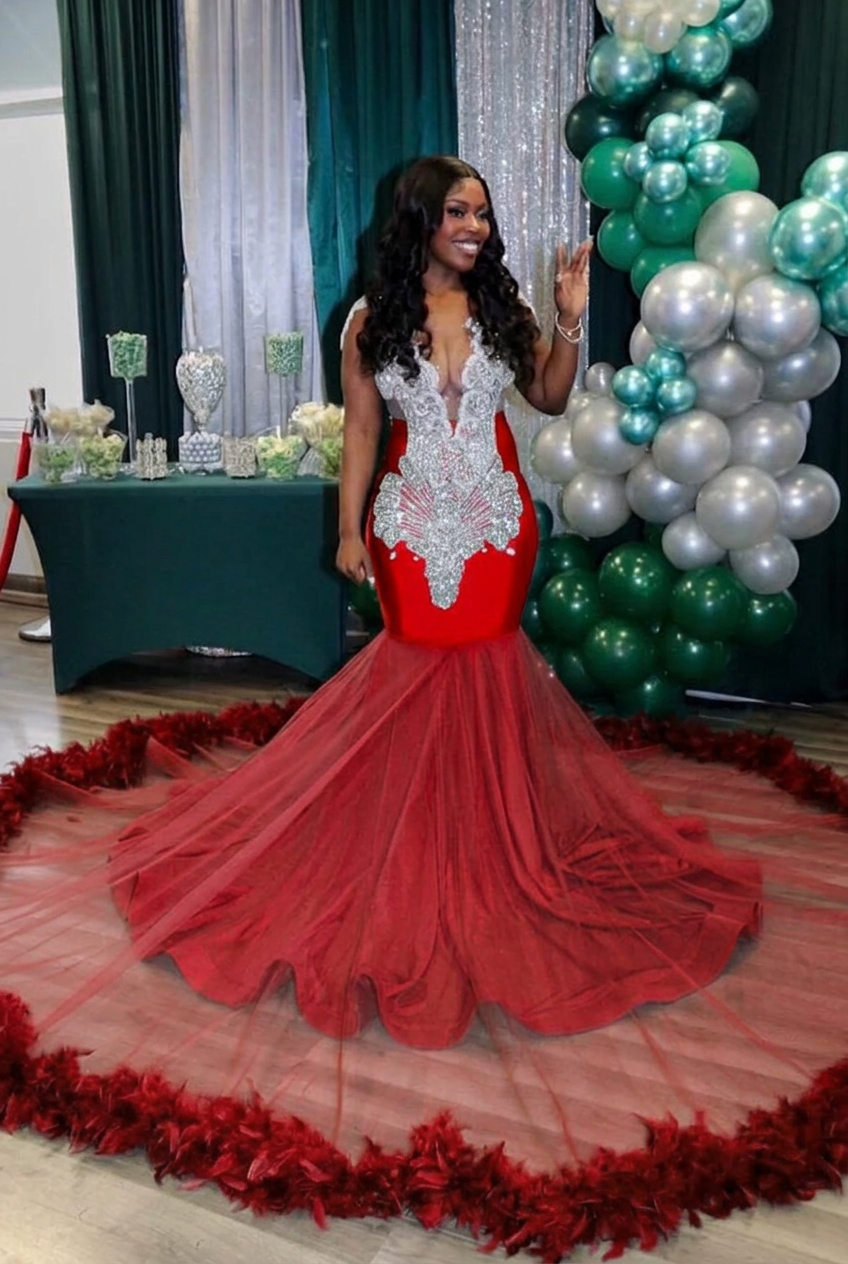 Red v-neck beaded mermaid prom dress