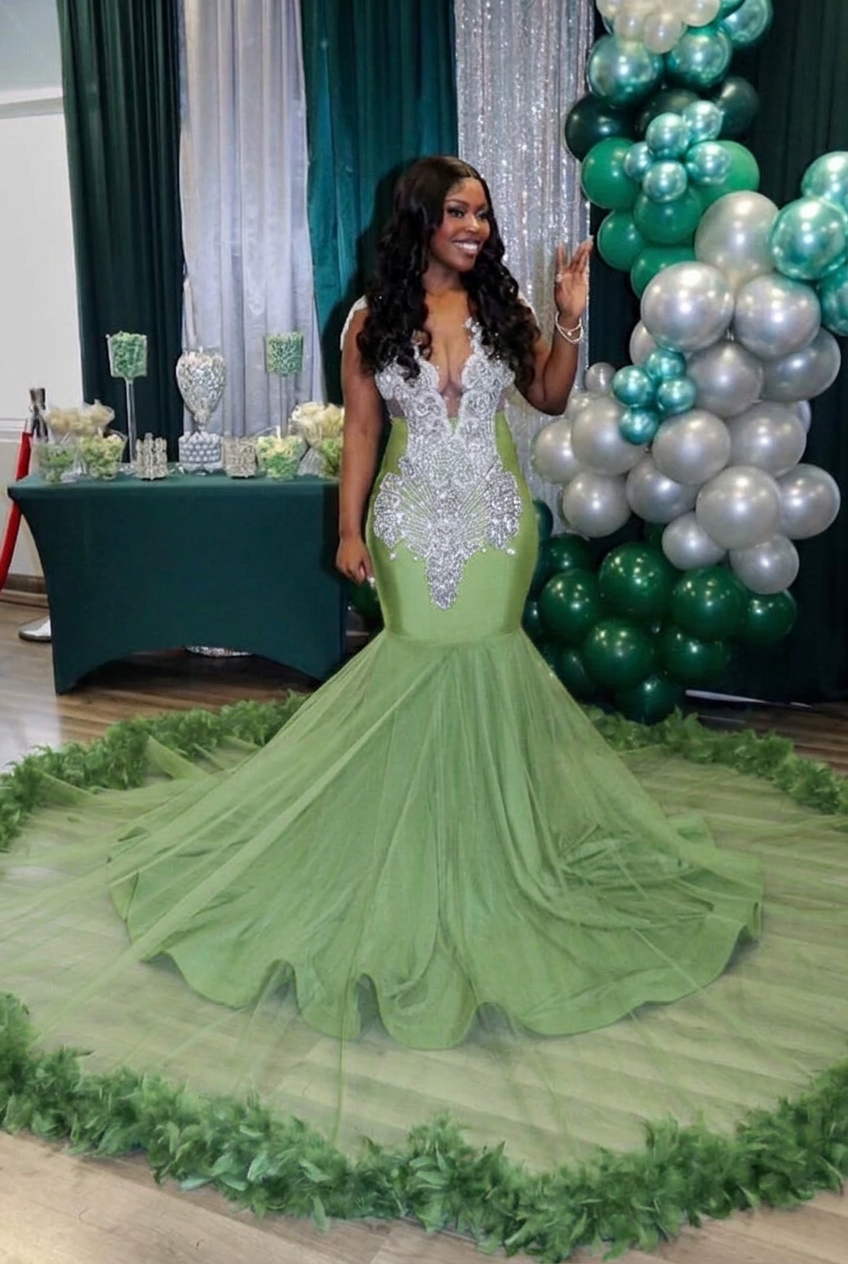 Sage v-neck beaded mermaid prom dress