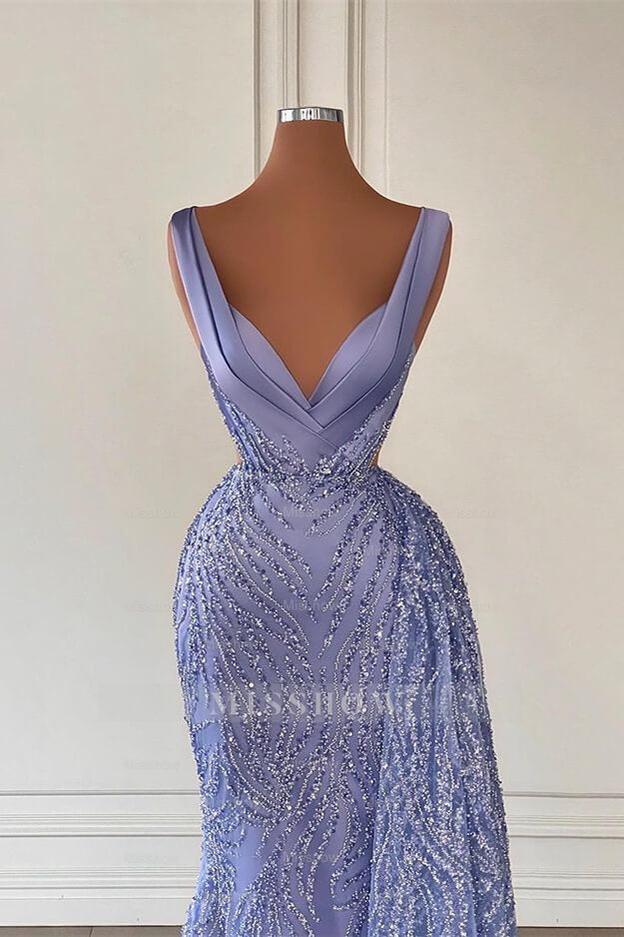 Charming Violet V Neck Mermaid Formal Dress With Beadings Sequins