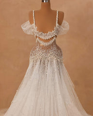 Charming White A-Line Off-The-Shoulder Spaghetti Strap Beaded Lace Sleeveless Long Tulle Wedding Dresses With Pearls