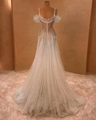 Charming White A-Line Off-The-Shoulder Spaghetti Strap Beaded Lace Sleeveless Long Tulle Wedding Dresses With Pearls
