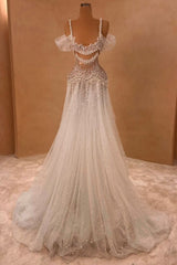 Charming White A-Line Off-The-Shoulder Spaghetti Strap Beaded Lace Sleeveless Long Tulle Wedding Dresses With Pearls