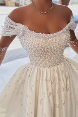 Charming White A-line Strapless Off-The-Shoulder Sleeveless Beaded Front Split Long Satin Evening Dresses with Pearls