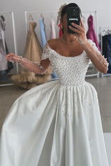 Charming White A-line Strapless Off-The-Shoulder Sleeveless Beaded Front Split Long Satin Evening Dresses with Pearls