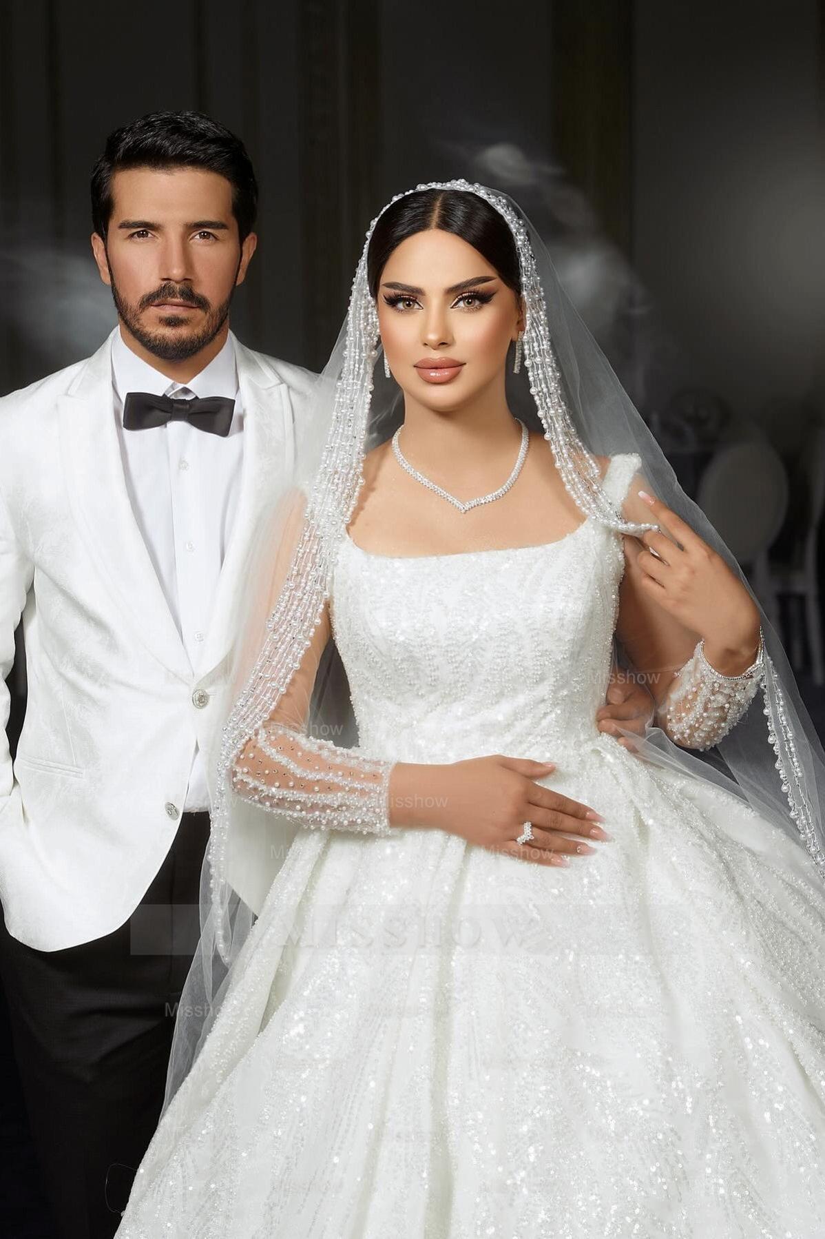 White square beaded ball gown wedding dress