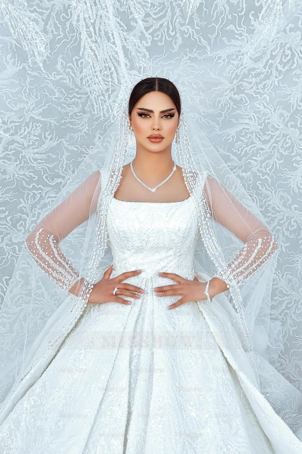White square beaded ball gown wedding dress