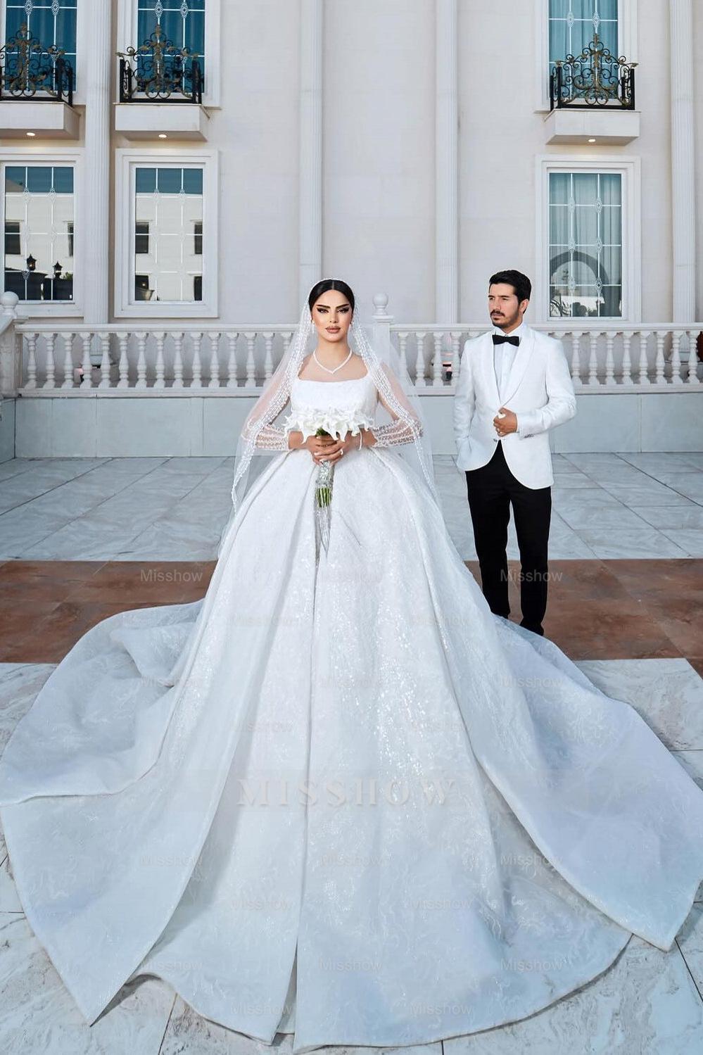 White square beaded ball gown wedding dress
